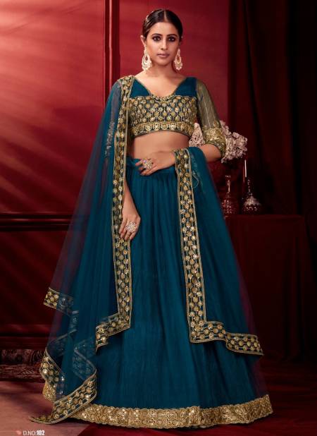 Teal Blue Colour Shreematee Sunehri Heavy Wedding Wear Net Lehenga Collection 102